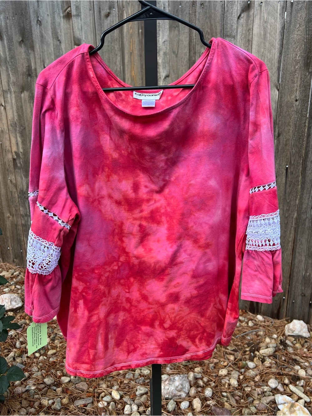 Cathy Daniels Vibrant Red Ice Dye Crochet Sleeve Tunic
